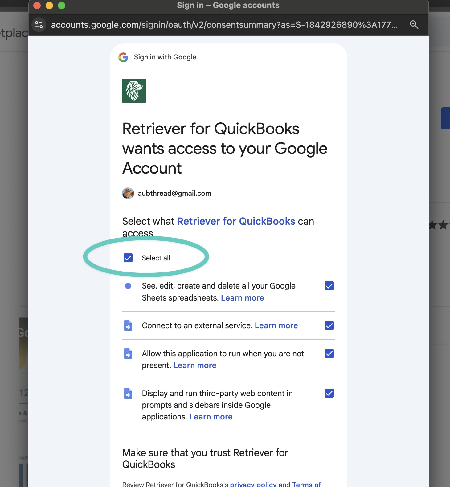 Google consent screen during Retriever installation, with the "Select all" checkbox checked and the Continue button visible
