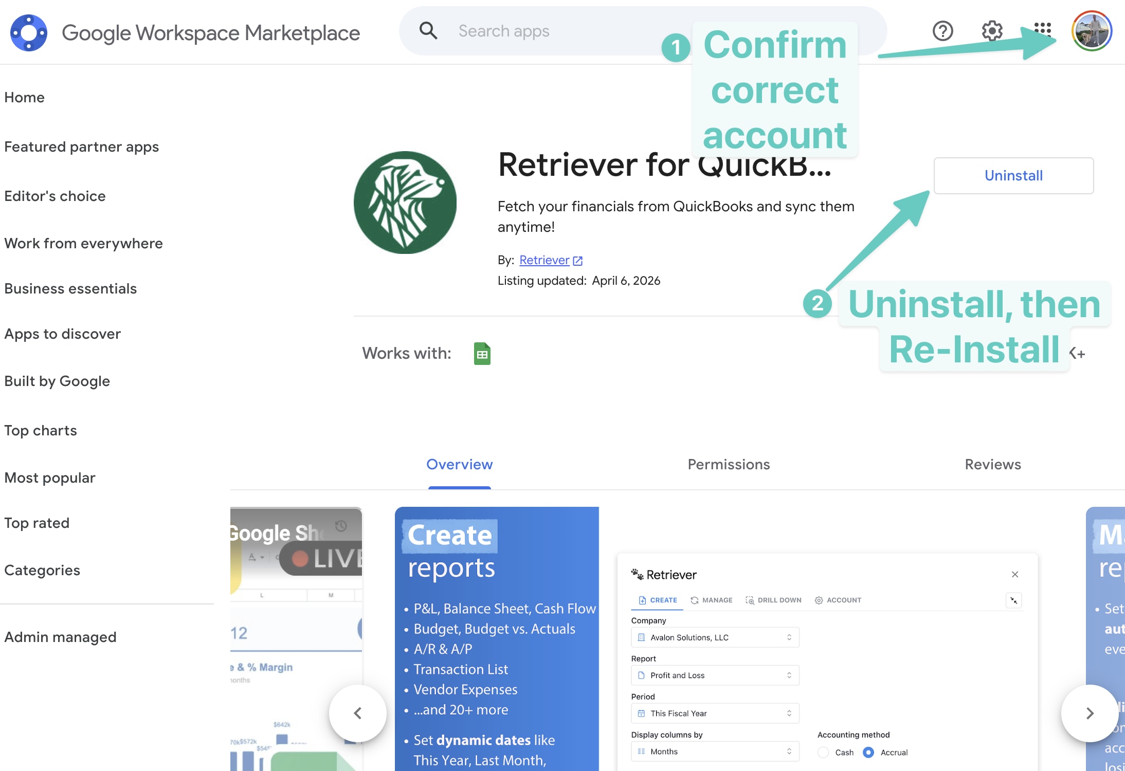 Retriever listing on the Google Workspace Marketplace, showing the Install / Uninstall buttons
