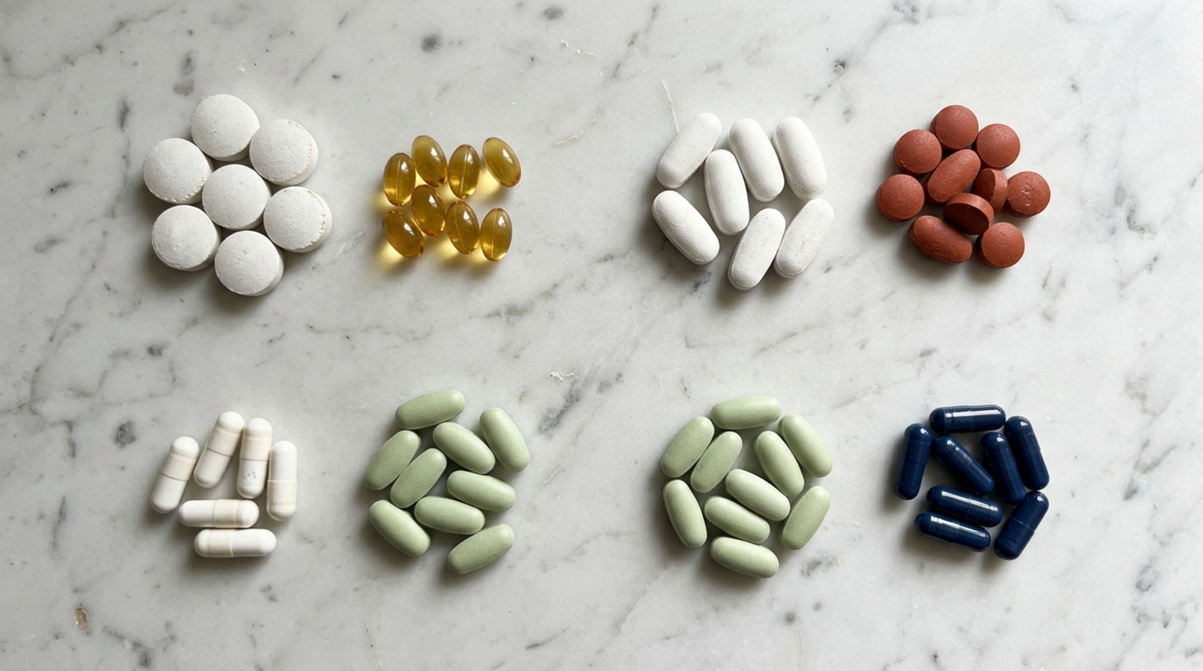 Pills laid out showing absorption interference between nutrients