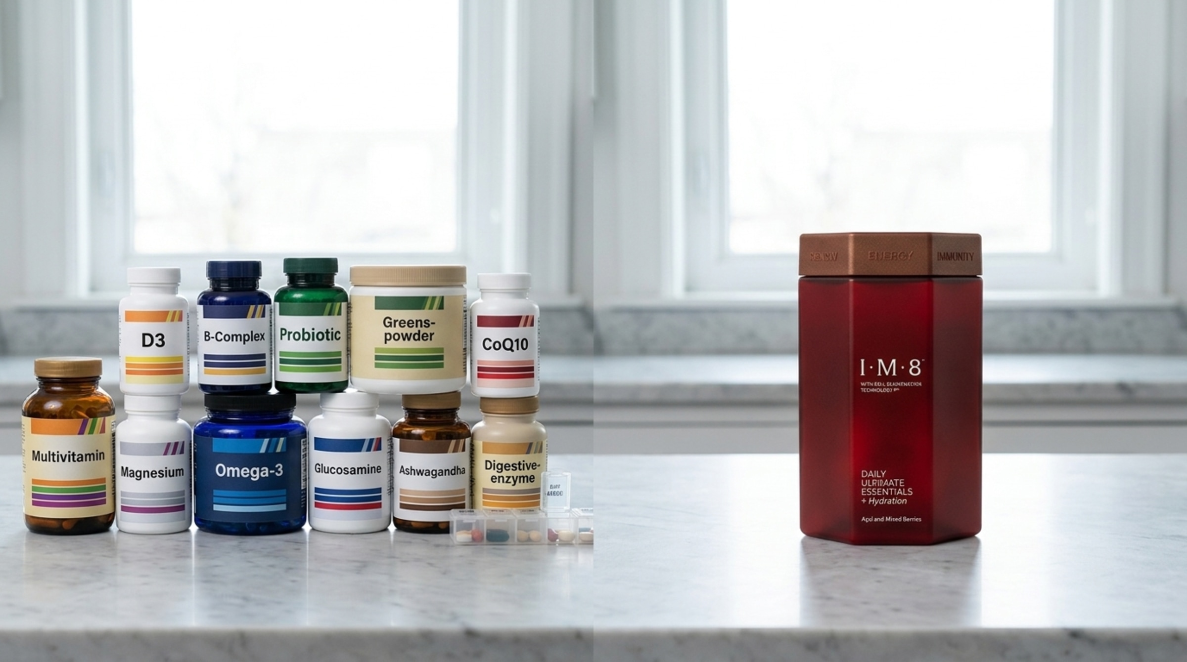 Twelve supplement bottles next to a single IM8 jar comparison