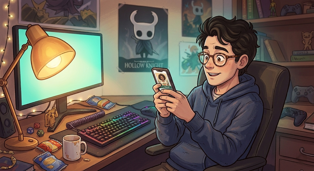 A young man with glasses sits at his gaming desk holding his phone with a surprised, pleased expression, looking at a new match notification on screen.