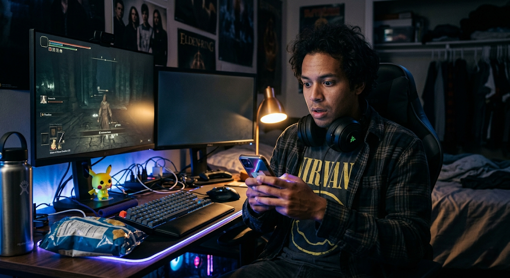 A young man sits at his gaming desk in soft RGB light, staring at his phone with a simultaneously hopeful and stumped expression, a blank sticky note reading "date ideas??" on his monitor.