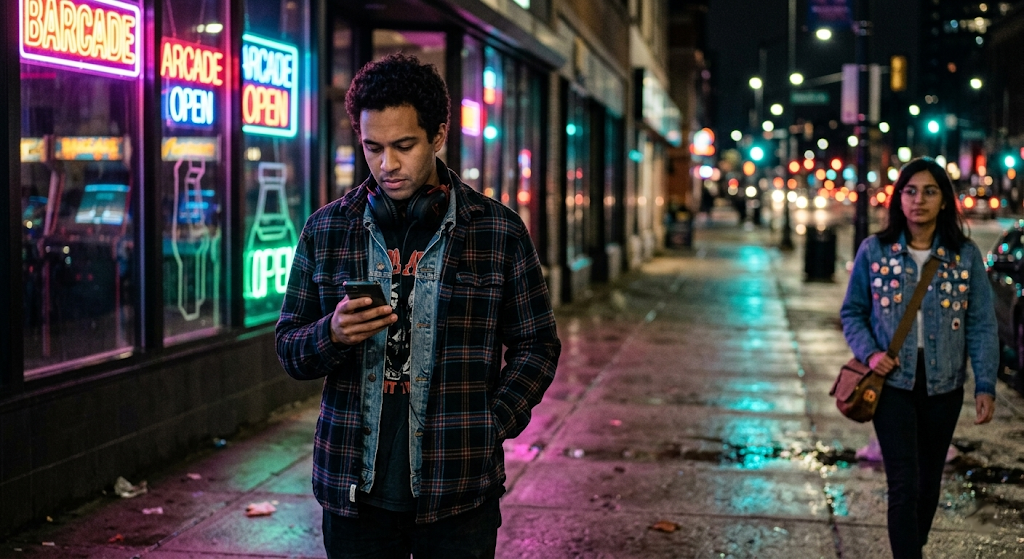 A young man waits anxiously outside a glowing neon barcade at night, checking his phone, while a young woman with glasses rounds the corner behind him, not yet noticed.