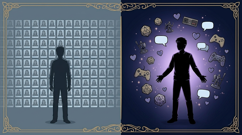Split panel illustration: left side shows a silhouetted figure overwhelmed by a wall of identical dating app profile photos in cold grey light; right side shows the same figure in warm purple glow surrounded by floating d20 dice, game controllers, hearts, and speech bubbles