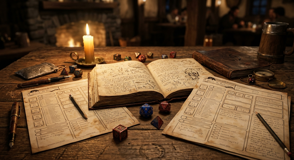 D&D character sheets, polyhedral dice, and a campaign notebook spread across a candlelit wooden table
