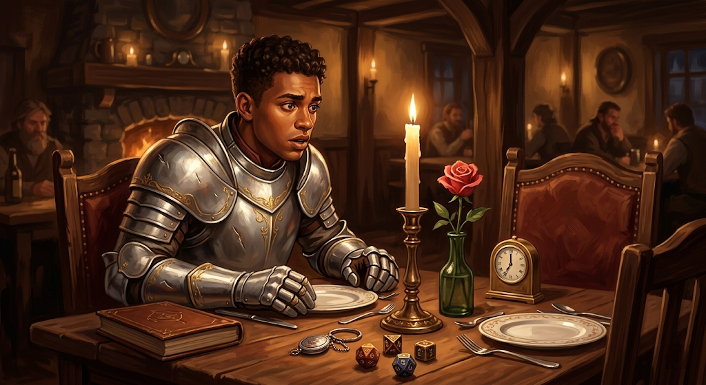 A Paladin in gleaming armor sitting alone at a candlelit restaurant table, earnestly awaiting his date