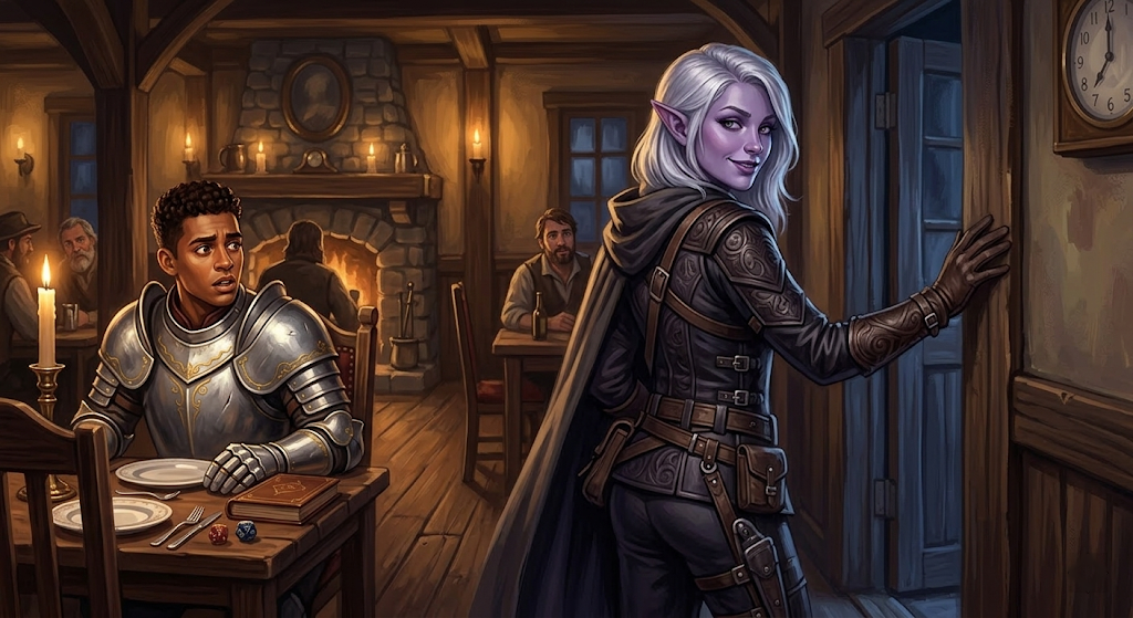 A Rogue elf edging toward the coffee shop exit while her date looks confused at the table
