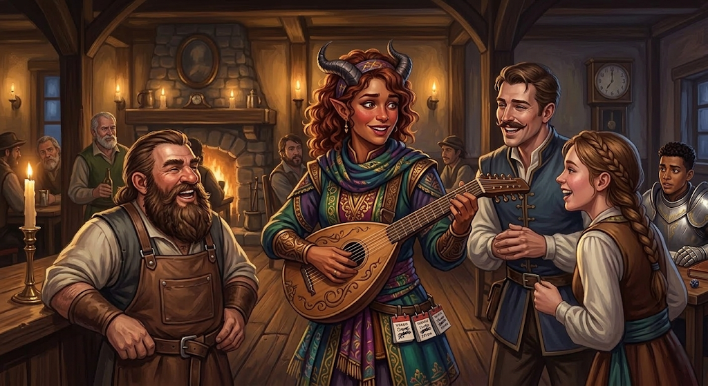A Bard tiefling surrounded by admirers at a party, expression charming but slightly panicked