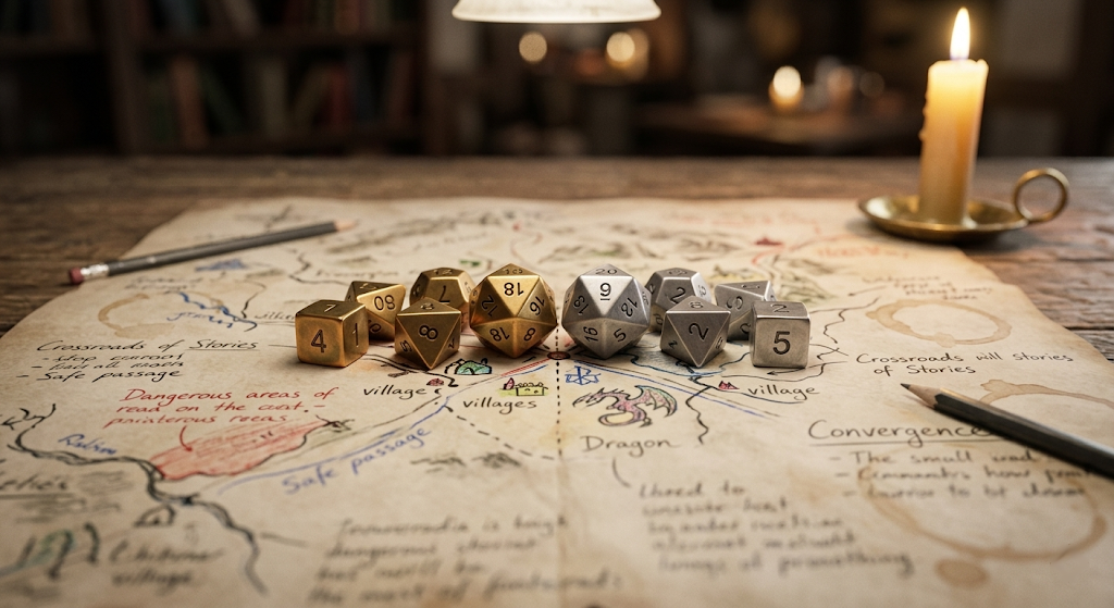 Gold and silver D&D dice resting together on a hand-drawn campaign map