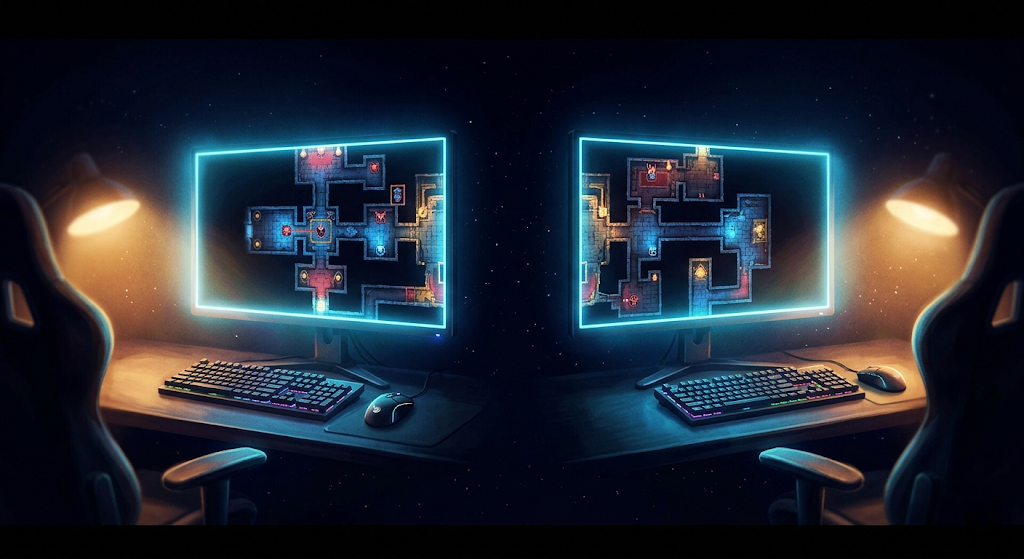 Two glowing gaming monitors in dark, separate rooms showing a co-op game in progress, each lit by a warm amber desk lamp