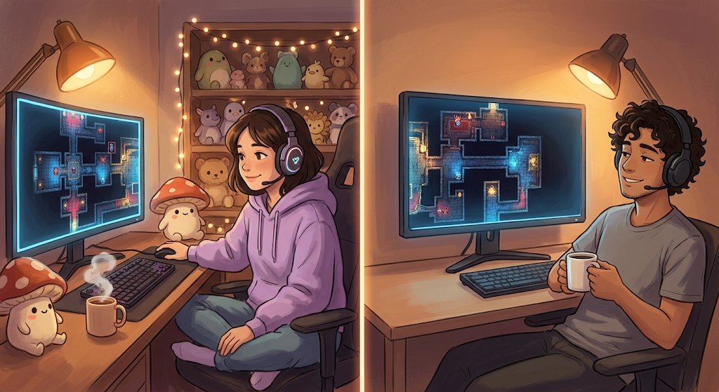 Two people at separate gaming setups — Maya in her cozy fairy-lit bedroom and Eli in his minimalist apartment — both wearing headsets and smiling at their screens