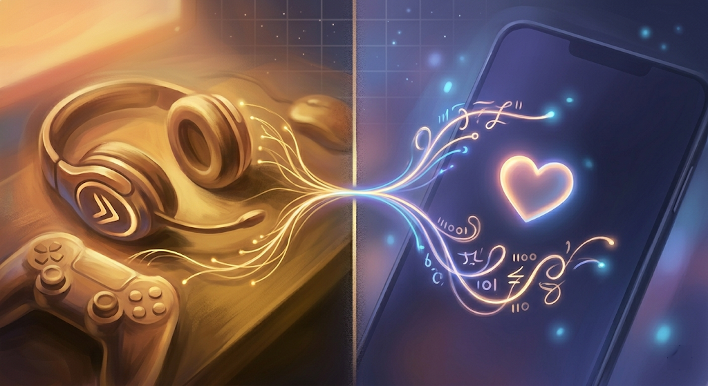 Split composition of a warmly lit gaming desk with headset and controller on the left, a glowing phone showing a heart on the right, connected by a fiber-optic light trail