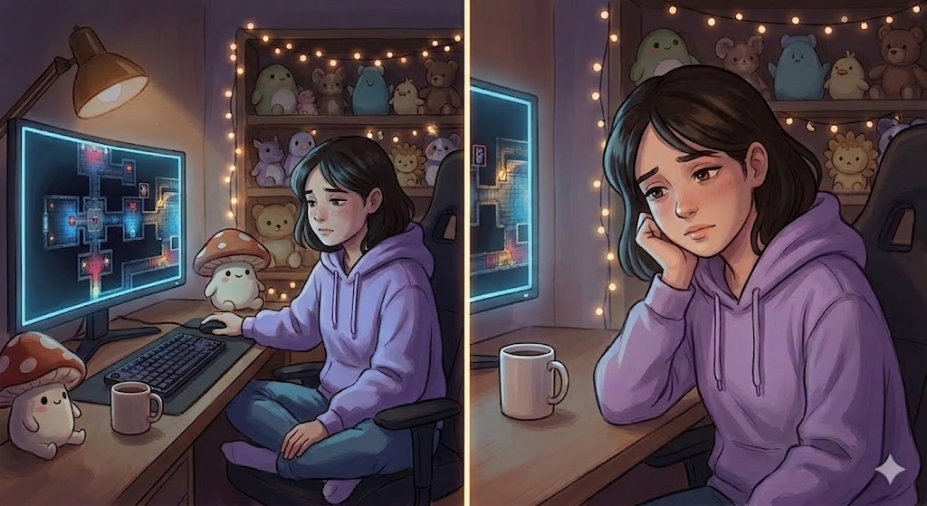 Maya sitting at her gaming desk late at night holding her phone showing 2:00 AM, her game paused and glowing softly on the monitor behind her