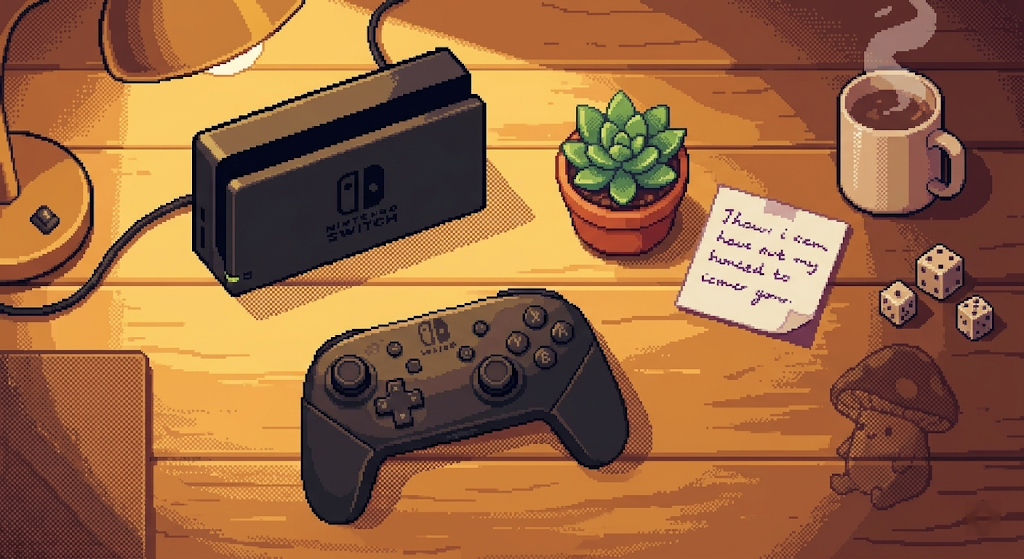 Top-down flat-lay pixel art of a gaming desk with a Switch, controller, small succulent, and a handwritten sticky note with a heart, in warm soft lighting