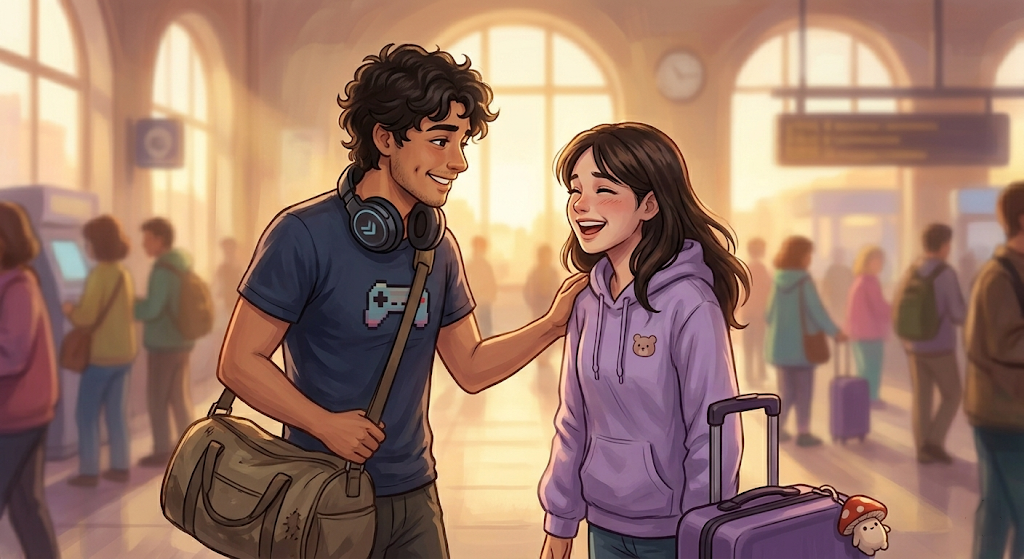 Maya and Eli reuniting at a train station, both smiling broadly, surrounded by warm golden light with blurred travelers in the background