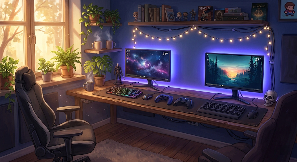 A cozy gaming room designed for two, with dual monitors glowing in purple-blue light, controllers resting side by side, two mugs steaming on a shelf, and warm golden light from a nearby window.