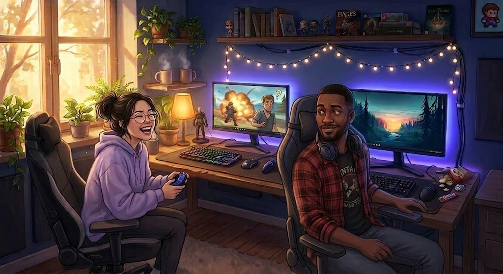 Maya laughing at her controller-based game while Jordan glances over from his PC with a half-smile, both at their side-by-side gaming desks in a warm, softly lit apartment.