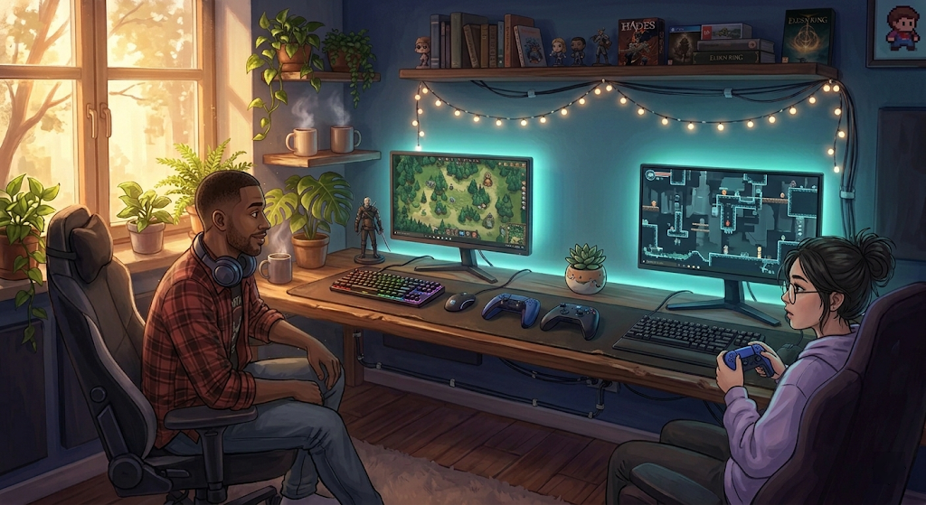 Maya and Jordan each at their own leg of an L-shaped gaming desk, monitors glowing in soft teal, cables routed cleanly, natural window light illuminating the cozy shared setup.