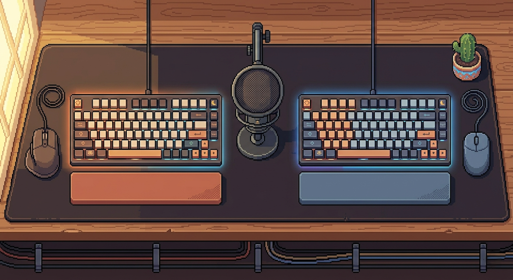 A retro pixel-art illustration of a shared gaming desk surface showing two mechanical keyboards, two mice, a centered desk microphone, complementary wrist rests, and a small cactus — all meticulously arranged.