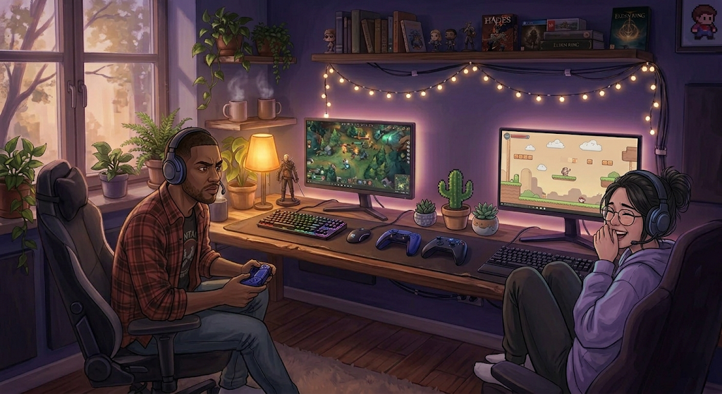 Jordan focused intently at his gaming monitor in competitive mode while Maya beside him laughs at her screen, both wearing headsets, each absorbed in their own game but clearly comfortable together.