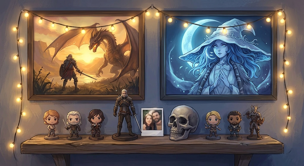 A curated gaming wall display with warm-toned and cool-toned framed prints side by side, select figurines on a middle shelf, a small photo among the collectibles, and fairy lights strung across the top.