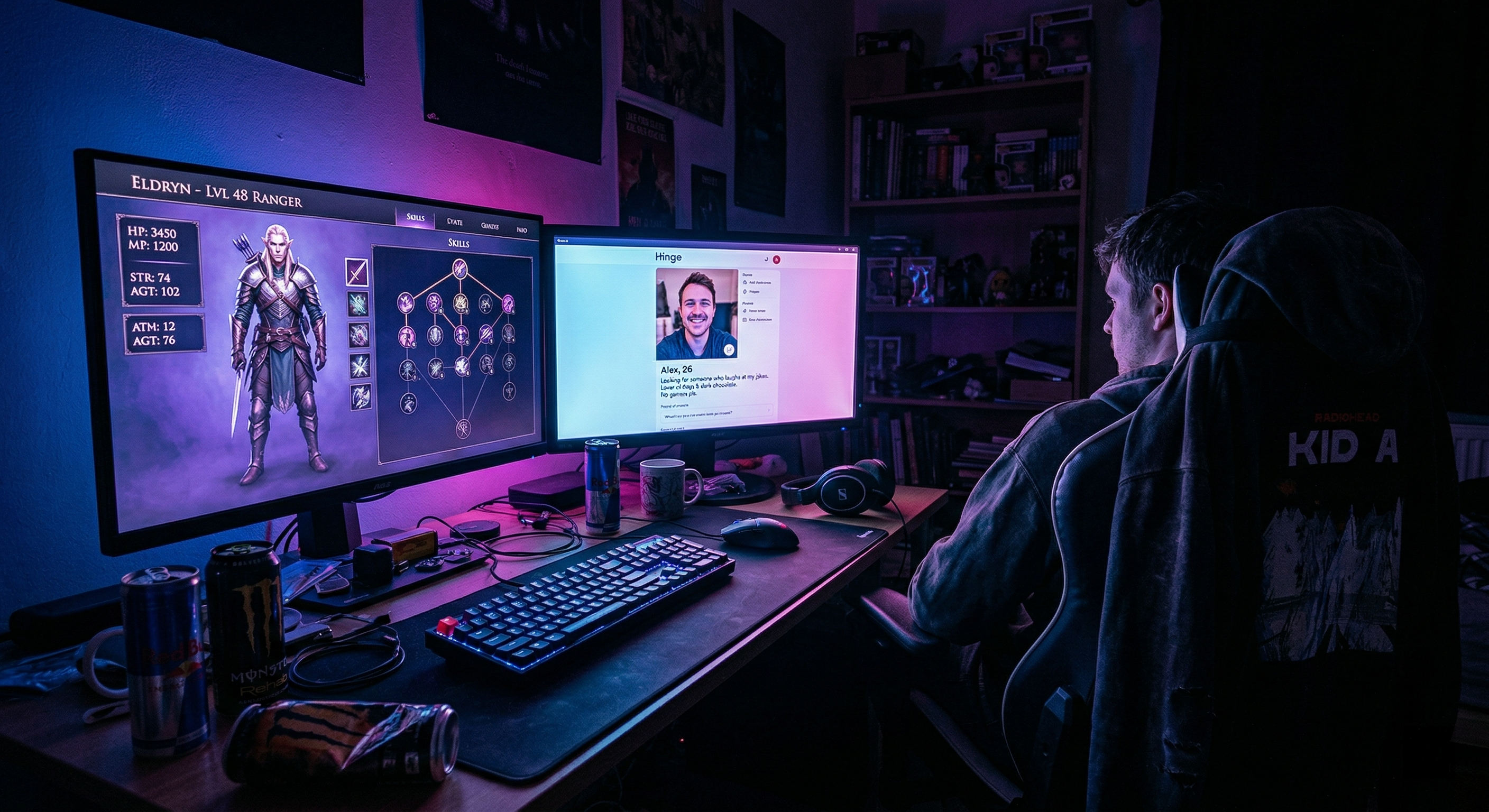 A glowing gaming setup late at night with every screen and peripheral perfectly arranged, a phone on the desk showing one unopened message left unanswered.