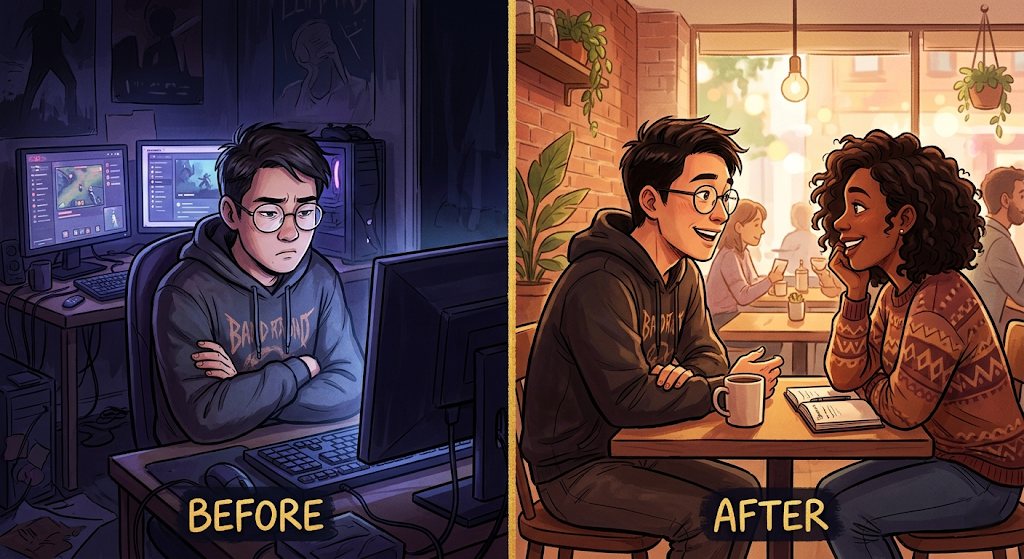 A split-panel illustration showing Marcus relaxed and laughing at a board game table with friends on the left, then visibly tense and retreating into his hoodie on a date with Jess on the right.