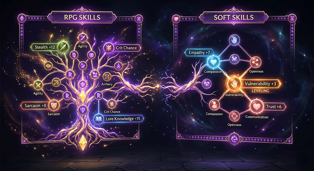 Two glowing skill trees in gold and rose growing from opposite sides of a dark void, their branches slowly reaching toward each other and beginning to connect at the center.