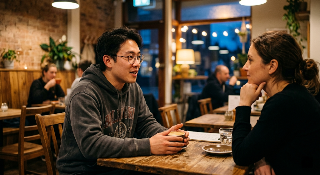 Marcus and Jess leaning forward at a café table, both genuinely engaged — he looks nervous but present, she's mid-sentence with a warm smile.