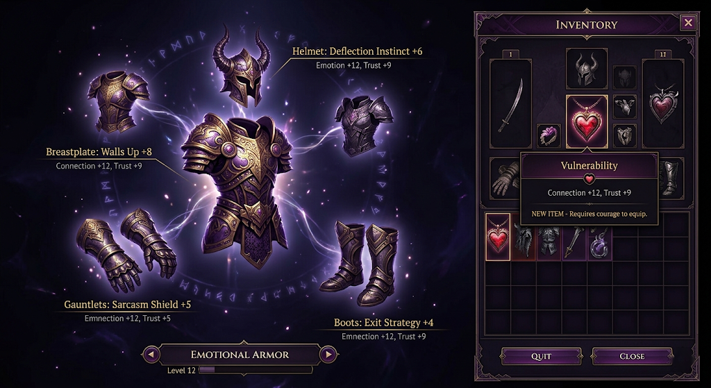 A set of stylized emotional armor pieces floating against a dark background — a jester's mask, a textbook, headphones, and a wall of ironic memes rendered as ornate RPG legendary equipment.