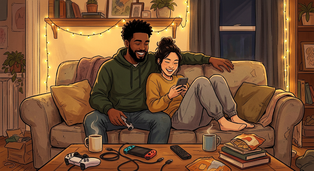 Marcus and Jess relaxed on a couch with a paused game on the TV behind them — he's showing her something on his phone and she's laughing, both completely at ease with each other.