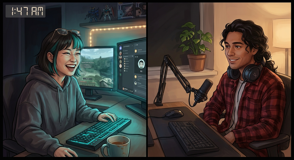 Sylvie and Kit on a late-night voice call, game paused, neither gaming — timestamp reads 1:47 AM