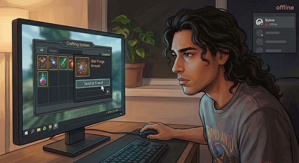 Kit at his desk, cursor hovering over Send on a crafted item destined for Sylvie's loadout — she's offline