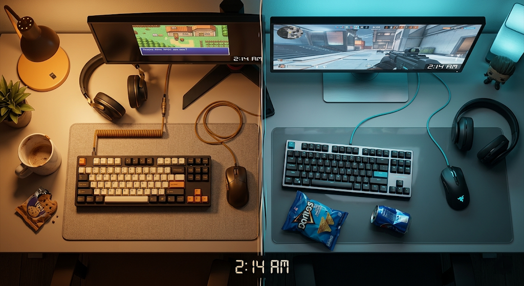 Overhead split of two desks at 2:14 AM — one warm-toned, one cool-toned, no faces, just the evidence of two people keeping the same hours