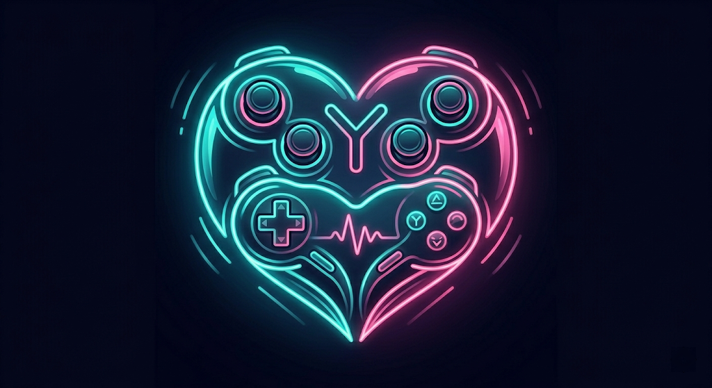 Two game controllers interlocked in a heart shape, neon teal and pink on near-black background
