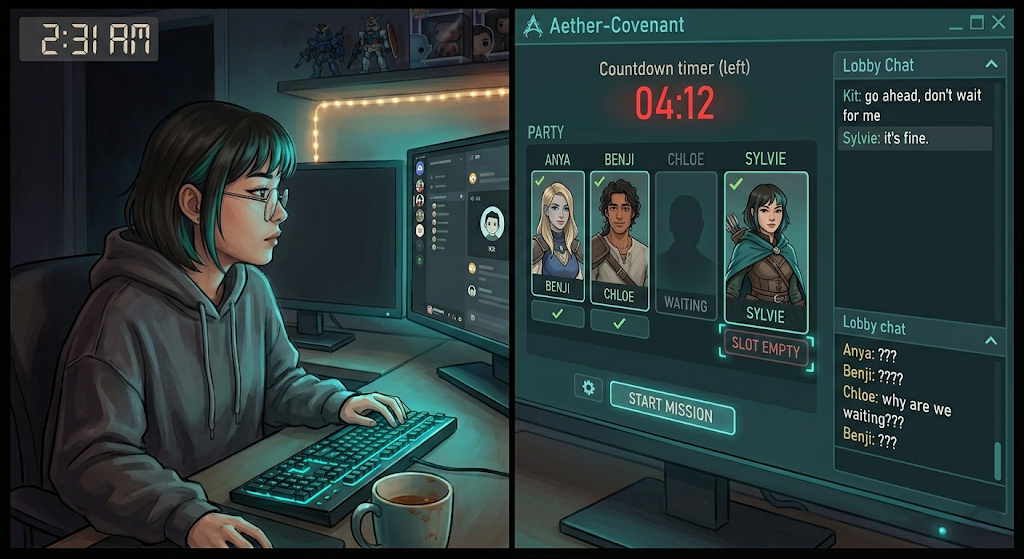 Sylvie staring at an empty party slot in her game lobby — countdown timer running, she has not pressed start