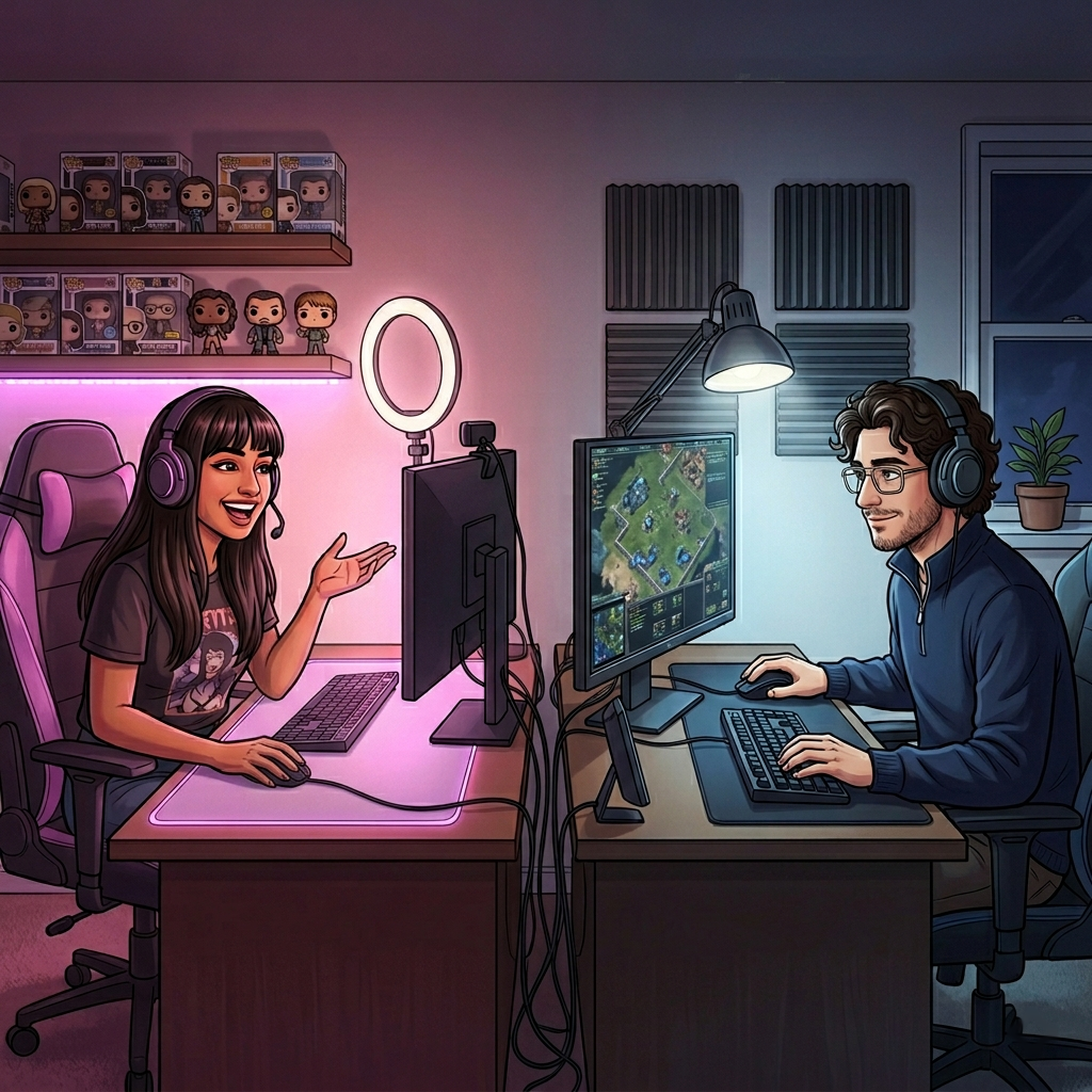 Priya and Theo streaming side by side in the same room — she's mid-laugh with chat, he's already back on his game, the color temperature of their setups telling the whole story