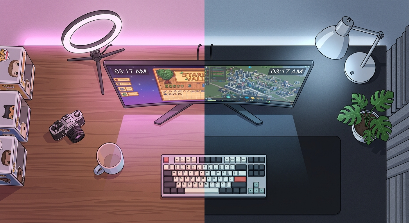 Overhead split composition of two streaming desks side by side — warm pink tones on the left, cool blue-white on the right, both timestamps showing the same time