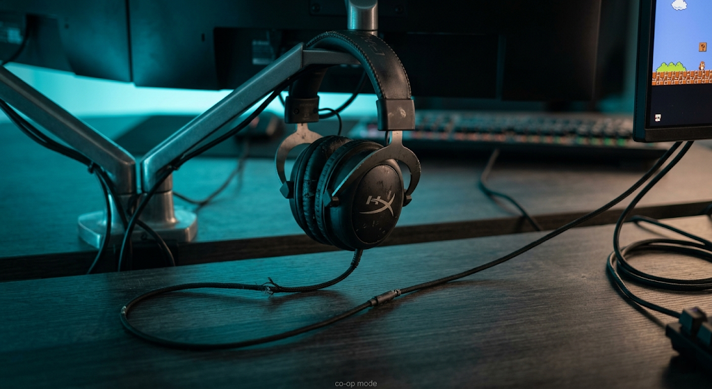 Close-up of a gaming headset hanging from a monitor stand, cable trailing toward a second monitor at the edge of frame, moody blue-green ambient lighting