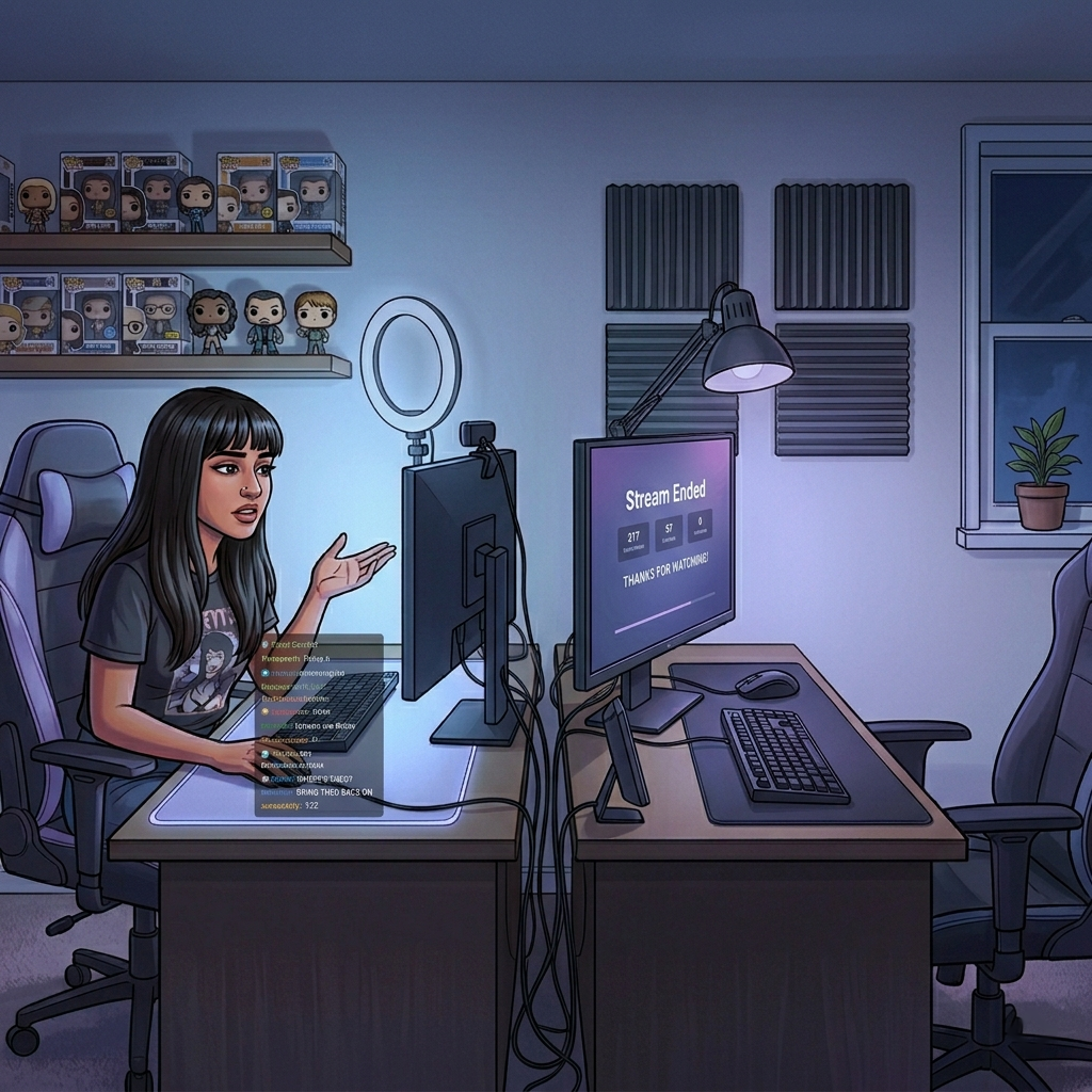 Priya at her desk after the stream ends — ring light off, second monitor showing frozen chat with a 'where's Theo' message visible, mid-real-conversation face