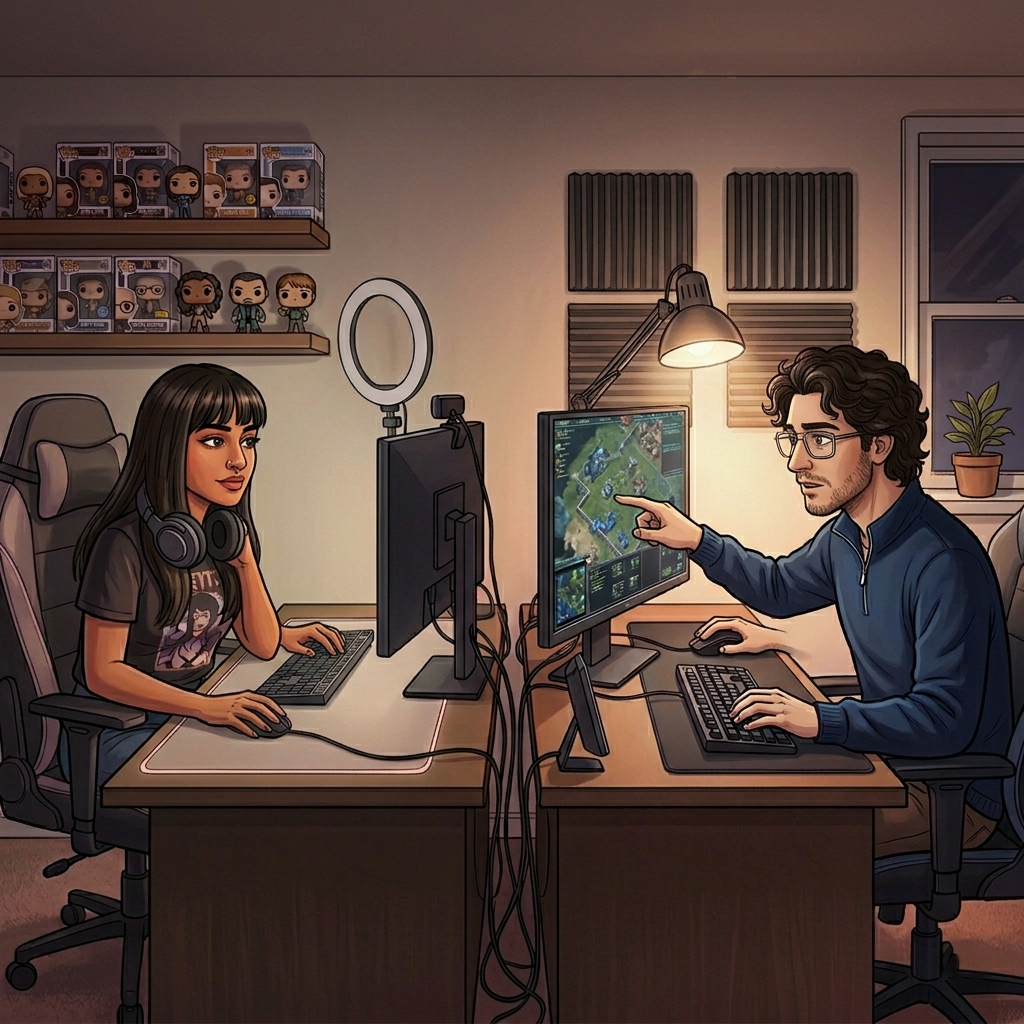 Theo leaning toward Priya's screen pointing something out, her headphones around her neck, both focused — no cameras on, no stream running, just two people working on something together