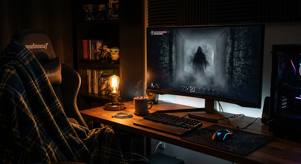 A dimly lit gaming setup with a horror game paused on screen, warm amber lamp light casting cozy shadows over a desk with a steaming mug