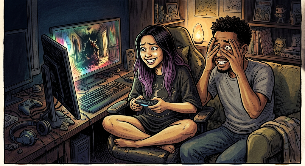 Two people at a late-night gaming session — one pointing excitedly at the screen, the other amused and slightly nervous, horror game casting atmospheric light on both their faces