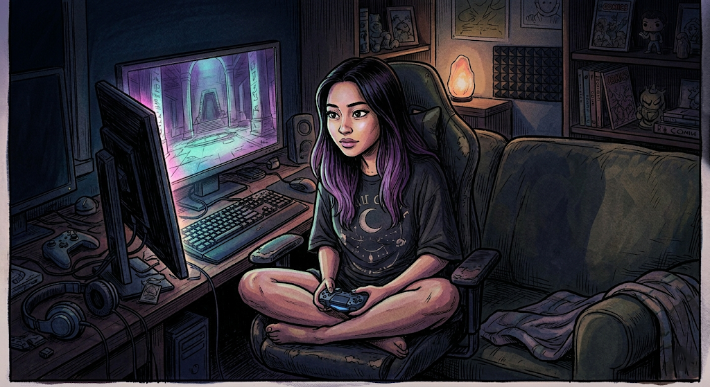 A young woman sits calmly in a dark room with a game controller, soft blue-purple screen light on her face, a stormy sky visible through the window behind her