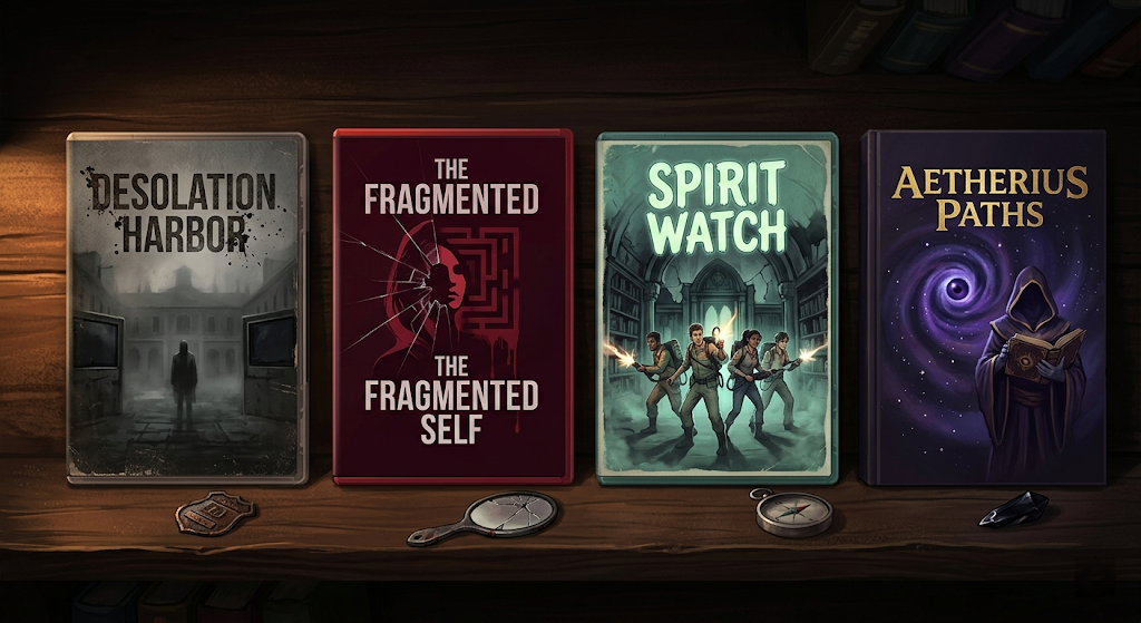 A collector's shelf spread of four horror game cases representing different subgenres — survival horror, psychological horror, body horror, and cozy horror — arranged with casual personality