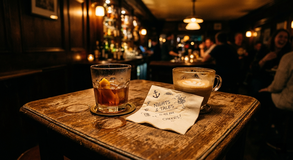 Two half-empty drinks on a small wooden bar table at night, warm amber lighting, no people, quietly tense atmosphere