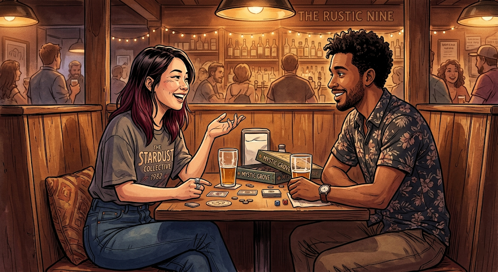 Mara and Eli sitting side by side on a couch with game controllers, laughing together at the screen, warm and casual living room atmosphere