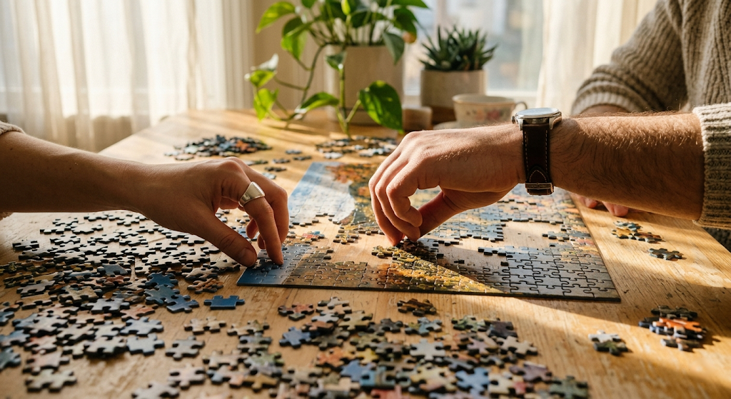 Close-up of Mara and Eli's hands working on a jigsaw puzzle together at a kitchen table, warm domestic lighting