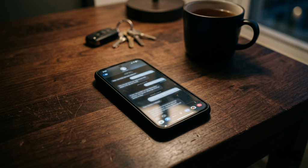 A smartphone face-up on a dark desk, glowing with an unreadable text thread, blue-green neon light, quiet tension