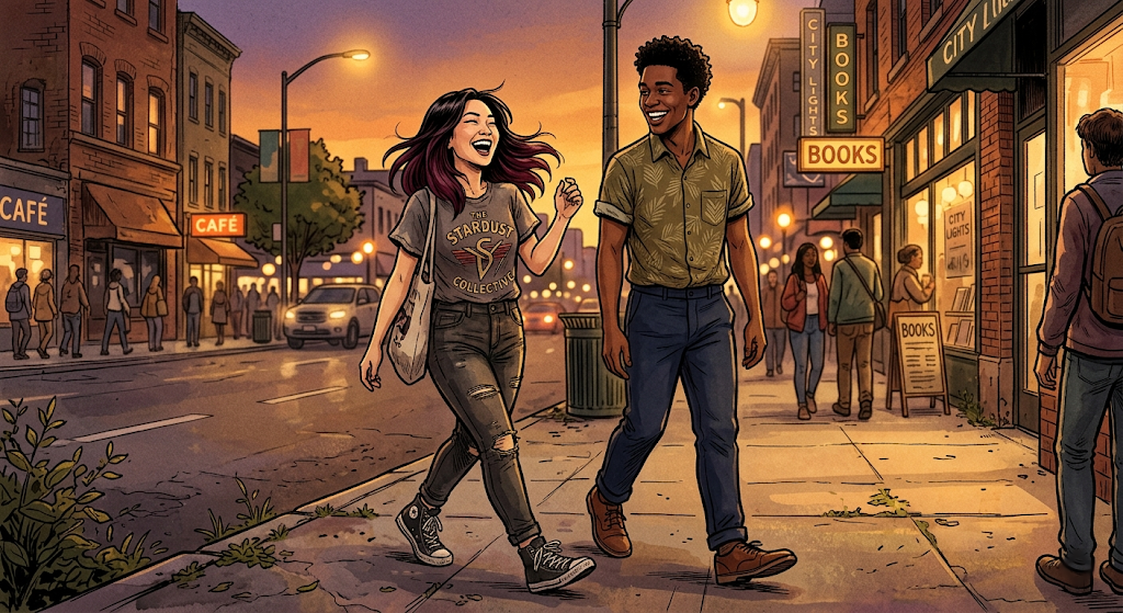 Mara and Eli walking together on a city street at dusk, Mara laughing and Eli smiling at her, warm golden-hour light, shot from slightly behind